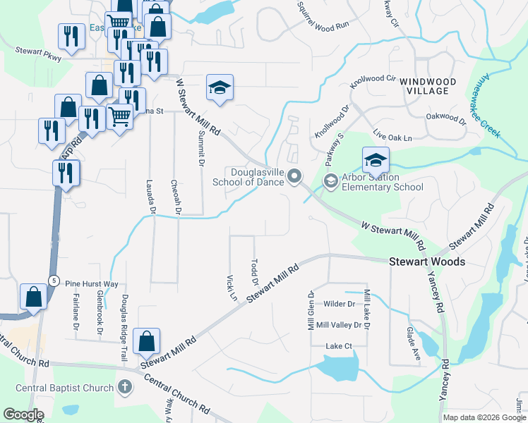 map of restaurants, bars, coffee shops, grocery stores, and more near 3781 Patricia Court in Douglasville
