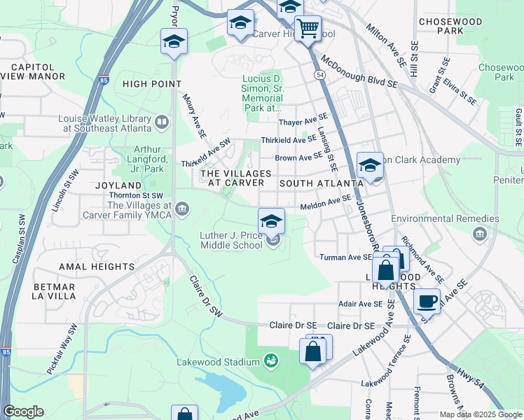 map of restaurants, bars, coffee shops, grocery stores, and more near 104 Meldon Avenue Southeast in Atlanta