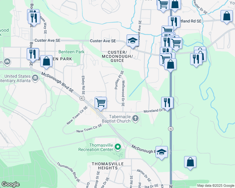 map of restaurants, bars, coffee shops, grocery stores, and more near 1596 Pontiac Place Southeast in Atlanta