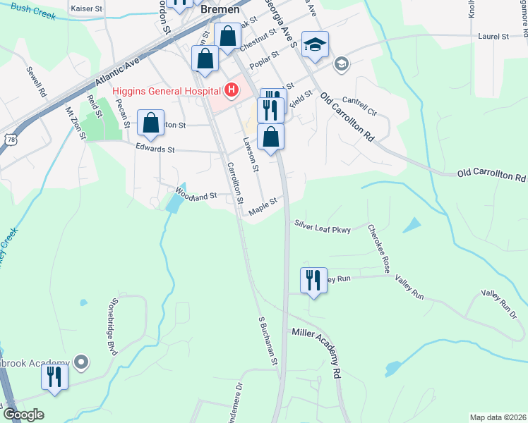 map of restaurants, bars, coffee shops, grocery stores, and more near 113 Maple Street in Bremen