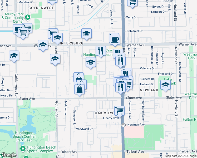 map of restaurants, bars, coffee shops, grocery stores, and more near 17311 Koledo Lane in Huntington Beach