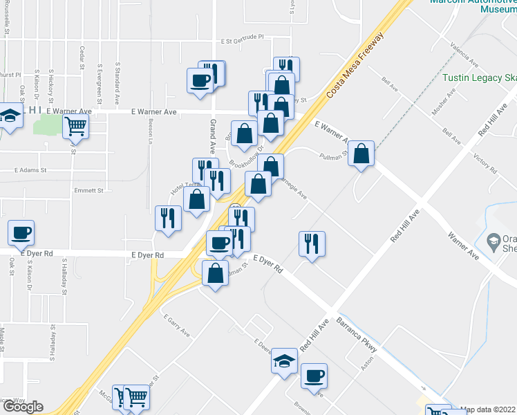 map of restaurants, bars, coffee shops, grocery stores, and more near 2525 Pullman Street in Santa Ana