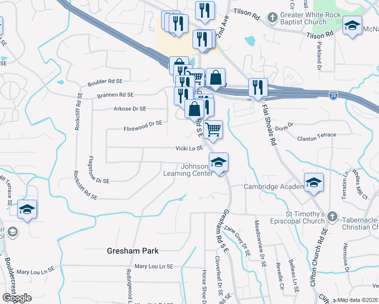 map of restaurants, bars, coffee shops, grocery stores, and more near 1927 Vicki Lane Southeast in Atlanta