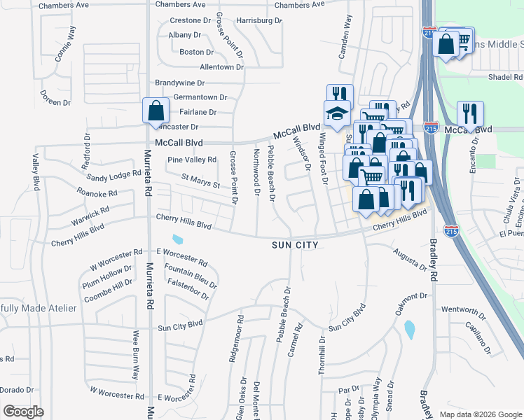 map of restaurants, bars, coffee shops, grocery stores, and more near 28220 Northwood Drive in Menifee