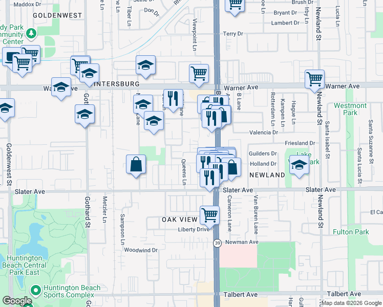 map of restaurants, bars, coffee shops, grocery stores, and more near 17301 Keelson Lane in Huntington Beach