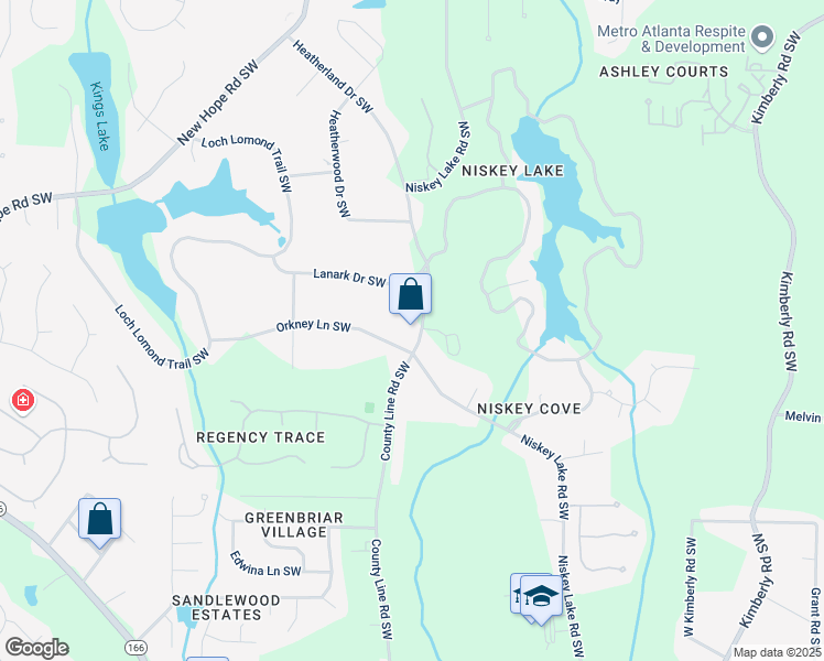 map of restaurants, bars, coffee shops, grocery stores, and more near 1585 Niskey Lake Road Southwest in Atlanta