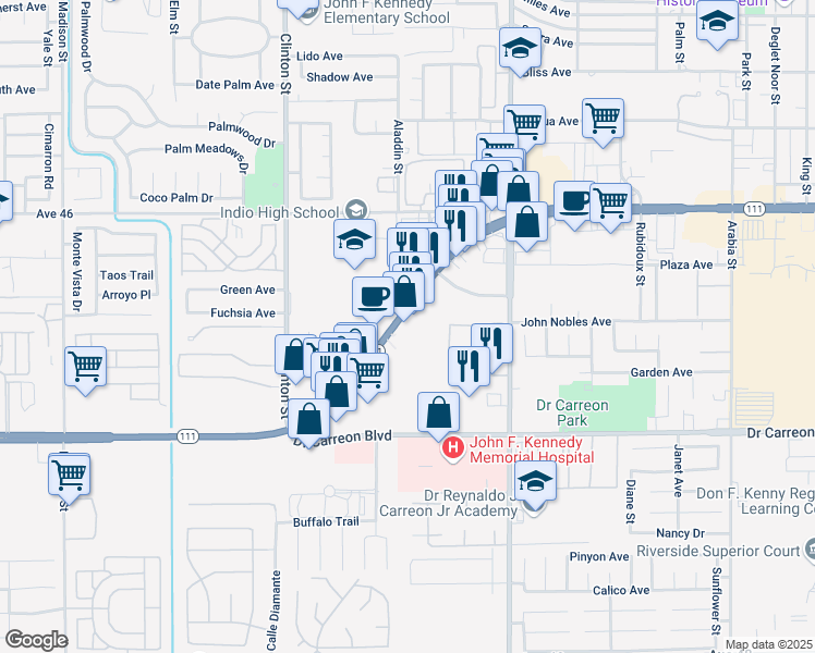 map of restaurants, bars, coffee shops, grocery stores, and more near 78988 California 111 in Indio