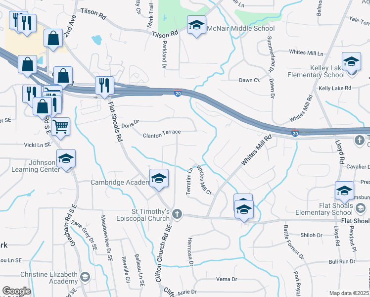 map of restaurants, bars, coffee shops, grocery stores, and more near 2249 Casher Court in Decatur