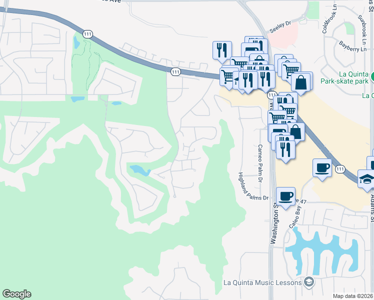 map of restaurants, bars, coffee shops, grocery stores, and more near 46520 Arapahoe Circle in Indian Wells