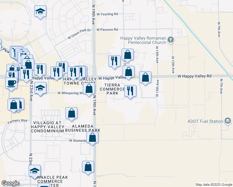 map of restaurants, bars, coffee shops, grocery stores, and more near 1614 West Whispering Wind Drive in Phoenix