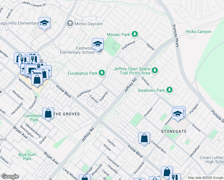 map of restaurants, bars, coffee shops, grocery stores, and more near 64 Darby in Irvine