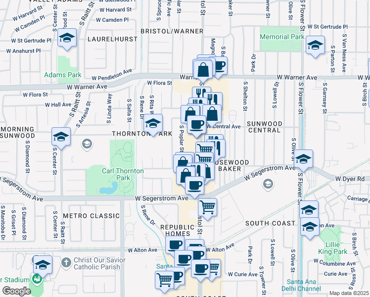 map of restaurants, bars, coffee shops, grocery stores, and more near 2701 South Poplar Street in Santa Ana