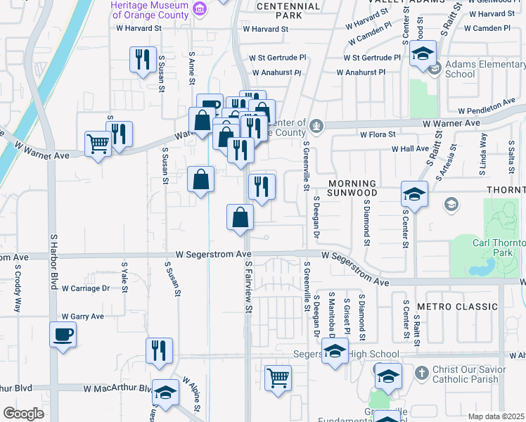 map of restaurants, bars, coffee shops, grocery stores, and more near 2701 South Fairview Street in Santa Ana