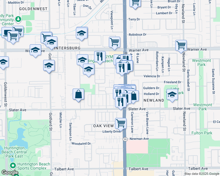 map of restaurants, bars, coffee shops, grocery stores, and more near 17301 Keelson Lane in Huntington Beach