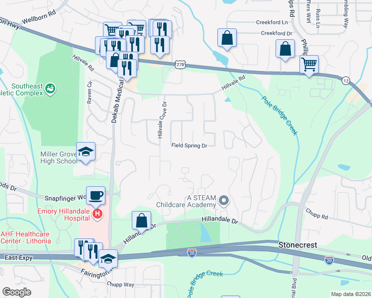 map of restaurants, bars, coffee shops, grocery stores, and more near 2670 Field Spring Drive in Lithonia