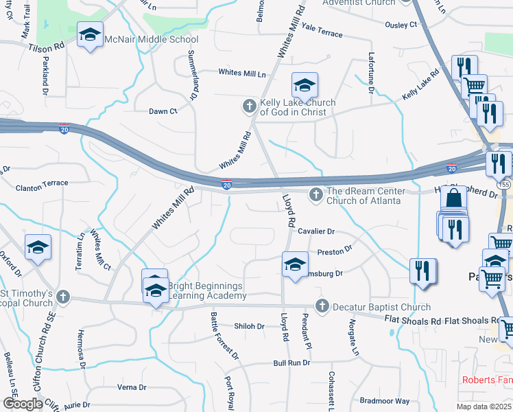 map of restaurants, bars, coffee shops, grocery stores, and more near 2646 Radvell Court in Decatur
