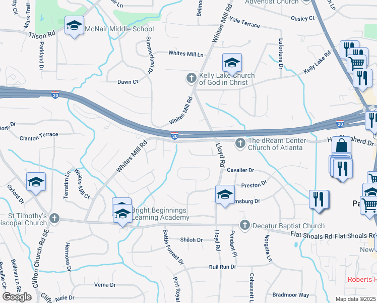 map of restaurants, bars, coffee shops, grocery stores, and more near 2380 Whites Mill Road in Decatur