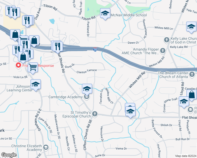 map of restaurants, bars, coffee shops, grocery stores, and more near 2249 Casher Court in Decatur