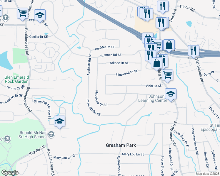 map of restaurants, bars, coffee shops, grocery stores, and more near 1767 Vicki Lane Southeast in Atlanta