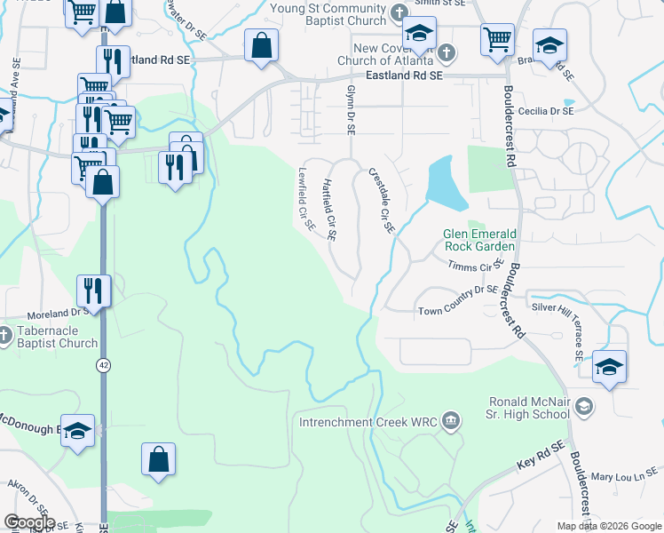 map of restaurants, bars, coffee shops, grocery stores, and more near 2641 Hatfield Circle Southeast in Atlanta
