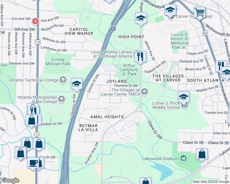 map of restaurants, bars, coffee shops, grocery stores, and more near 260 Upshaw Street Southwest in Atlanta