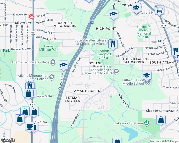 map of restaurants, bars, coffee shops, grocery stores, and more near 260 Upshaw Street Southwest in Atlanta