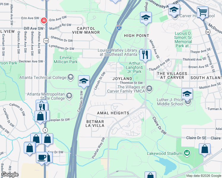 map of restaurants, bars, coffee shops, grocery stores, and more near 290 Upshaw Street Southwest in Atlanta