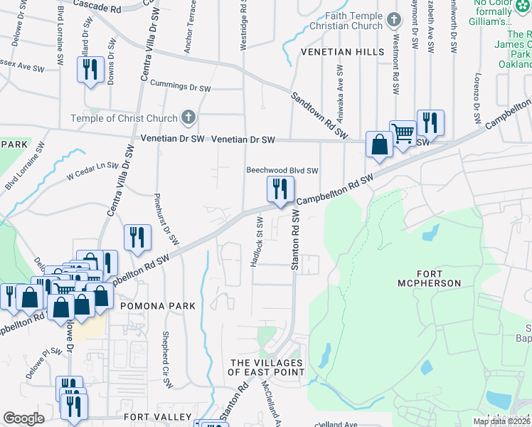 map of restaurants, bars, coffee shops, grocery stores, and more near 1774 Campbellton Road Southwest in Atlanta