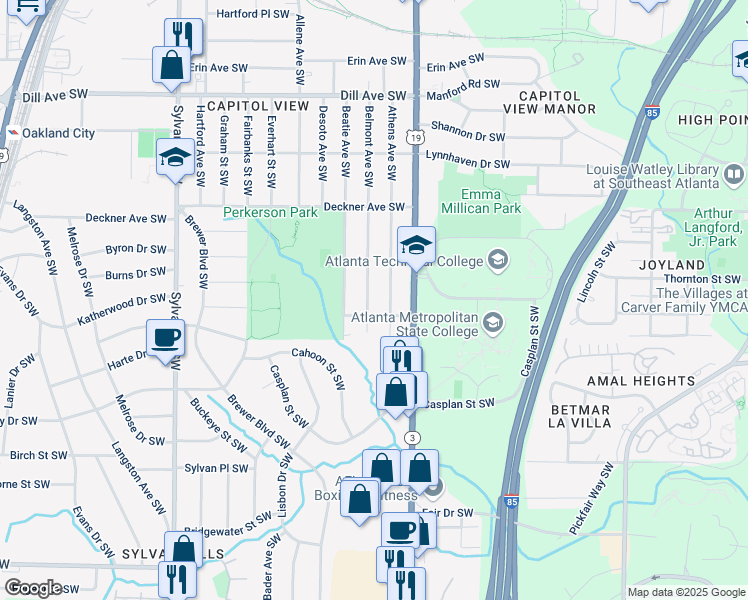 map of restaurants, bars, coffee shops, grocery stores, and more near 1612 Belmont Avenue Southwest in Atlanta