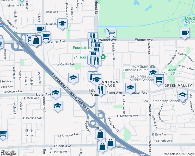 map of restaurants, bars, coffee shops, grocery stores, and more near 17360 Brookhurst Street in Fountain Valley