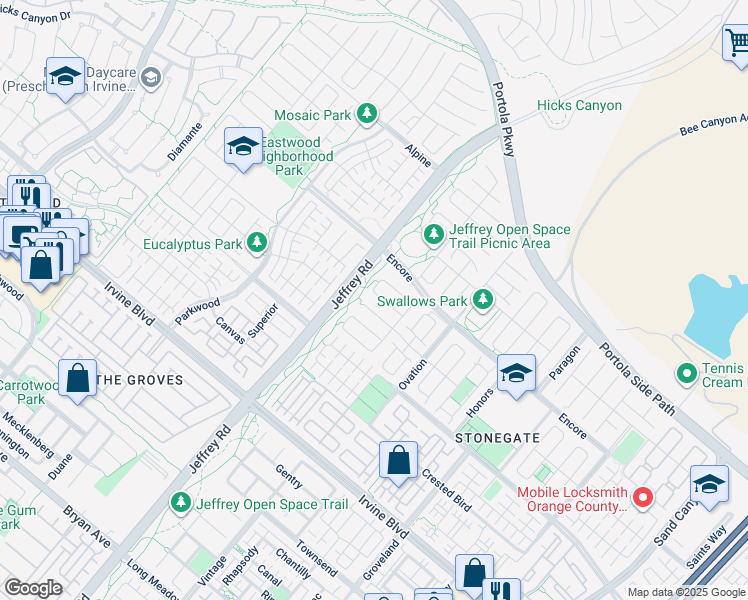 map of restaurants, bars, coffee shops, grocery stores, and more near 74 Kimbal in Irvine