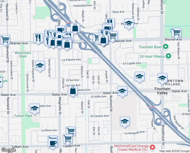 map of restaurants, bars, coffee shops, grocery stores, and more near 17340 Elm Street in Fountain Valley
