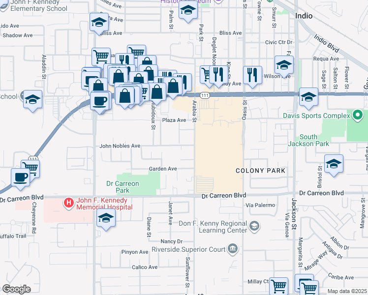 map of restaurants, bars, coffee shops, grocery stores, and more near 82451 John Nobles Avenue in Indio