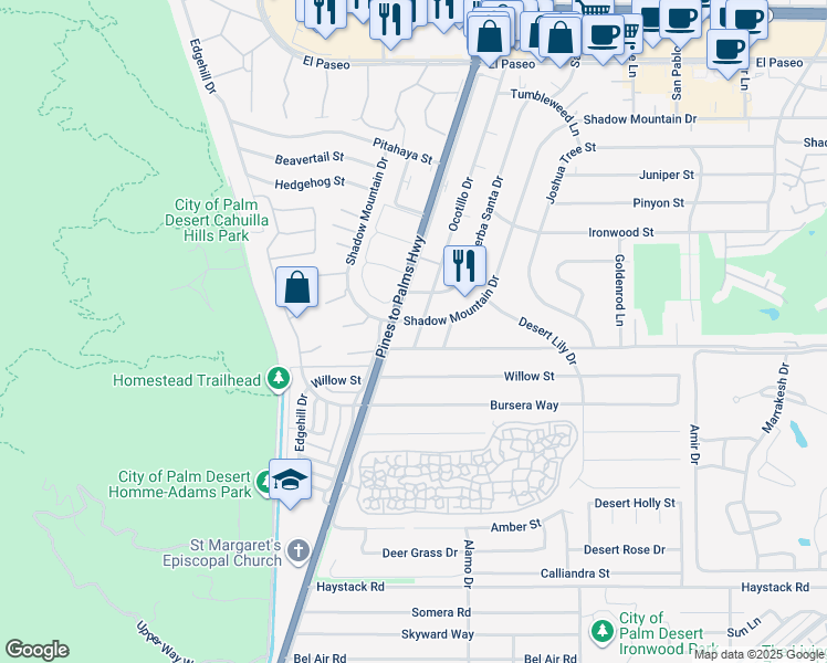 map of restaurants, bars, coffee shops, grocery stores, and more near 46375 Ocotillo Drive in Palm Desert