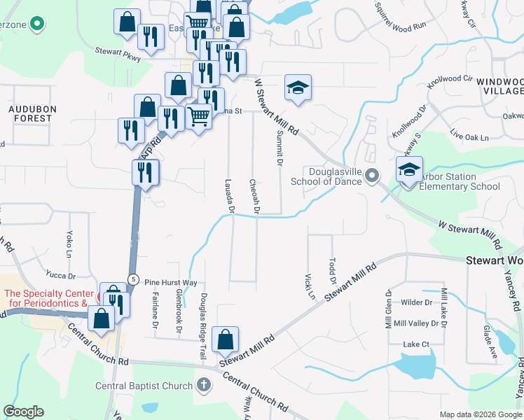 map of restaurants, bars, coffee shops, grocery stores, and more near 3973 Cheoah Drive in Douglasville