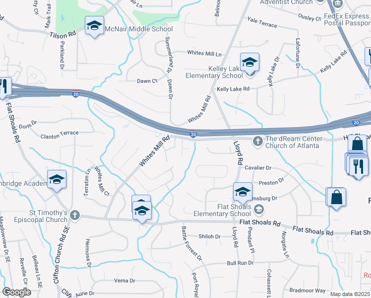 map of restaurants, bars, coffee shops, grocery stores, and more near 2432 Whites Mill Road in Decatur