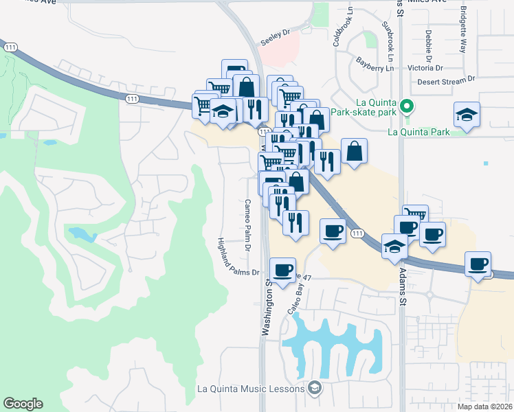 map of restaurants, bars, coffee shops, grocery stores, and more near 46495 Washington Street in La Quinta