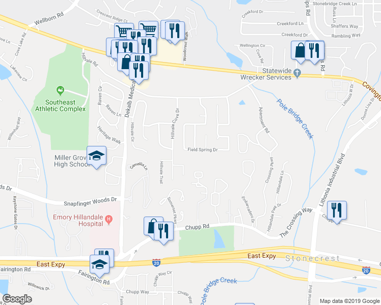map of restaurants, bars, coffee shops, grocery stores, and more near 2688 Field Spring Drive in Lithonia