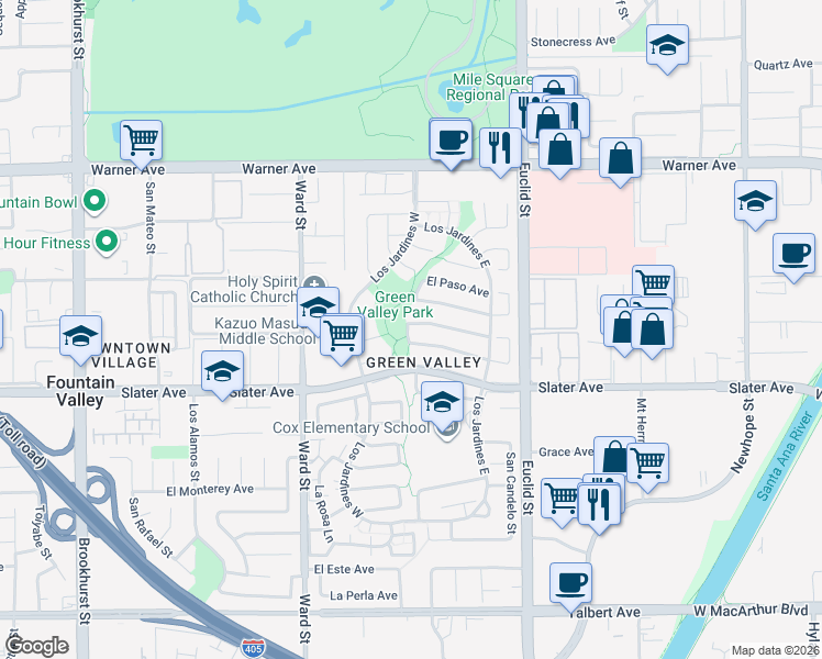 map of restaurants, bars, coffee shops, grocery stores, and more near 10710 El Centro Avenue in Fountain Valley