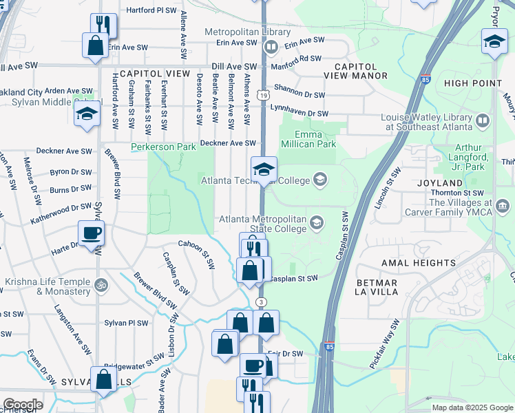 map of restaurants, bars, coffee shops, grocery stores, and more near 1611 Metropolitan Parkway Southwest in Atlanta