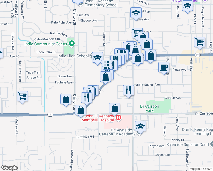 map of restaurants, bars, coffee shops, grocery stores, and more near 78988 California 111 in Indio