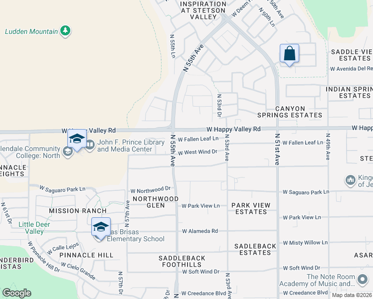map of restaurants, bars, coffee shops, grocery stores, and more near 5432 West West Wind Drive in Glendale