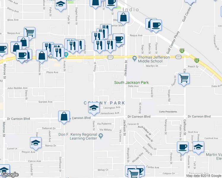 map of restaurants, bars, coffee shops, grocery stores, and more near 46541 Calle Sonoma in Indio