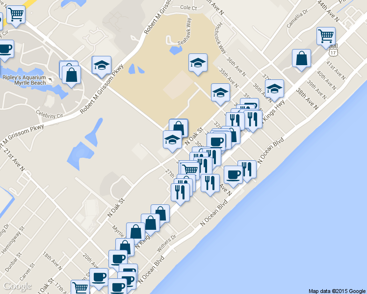 map of restaurants, bars, coffee shops, grocery stores, and more near 2902 Oak Street in Myrtle Beach
