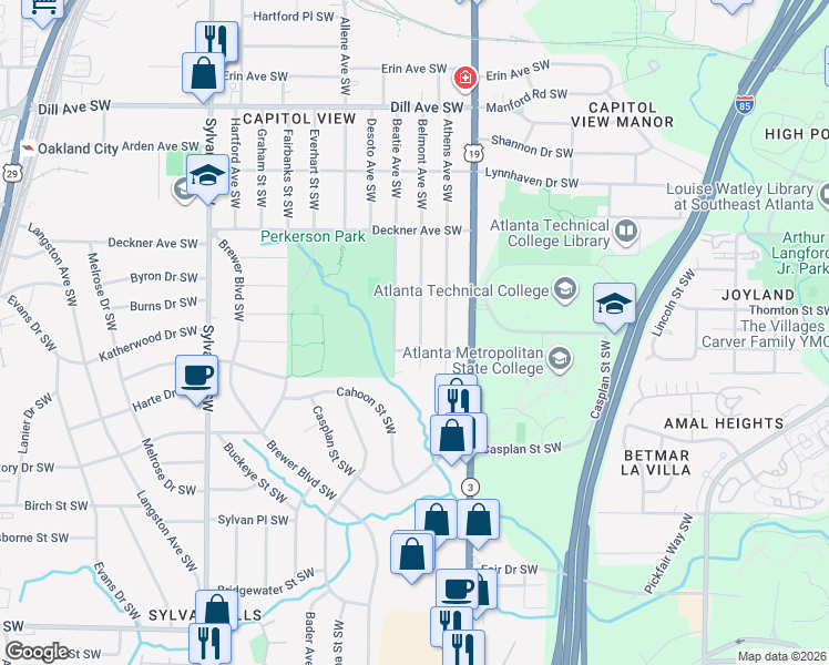 map of restaurants, bars, coffee shops, grocery stores, and more near 1612 Belmont Avenue Southwest in Atlanta