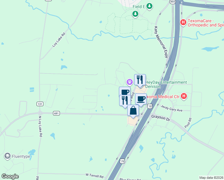 map of restaurants, bars, coffee shops, grocery stores, and more near 3414 Southbend Drive in Denison