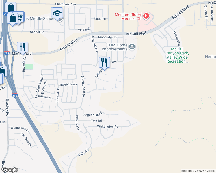 map of restaurants, bars, coffee shops, grocery stores, and more near 28211 Hub Court in Menifee
