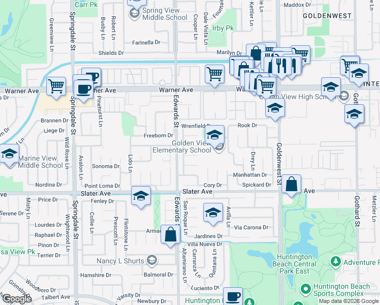 map of restaurants, bars, coffee shops, grocery stores, and more near 6561 Rennrick Circle in Huntington Beach