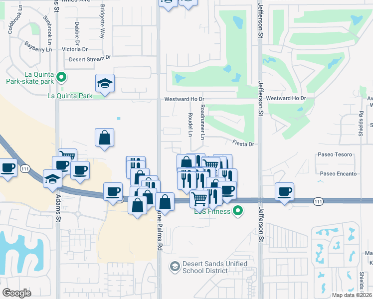 map of restaurants, bars, coffee shops, grocery stores, and more near in La Quinta