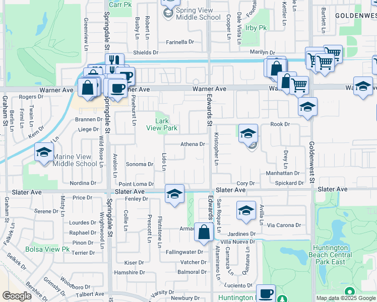 map of restaurants, bars, coffee shops, grocery stores, and more near 17292 Gurney Lane in Huntington Beach